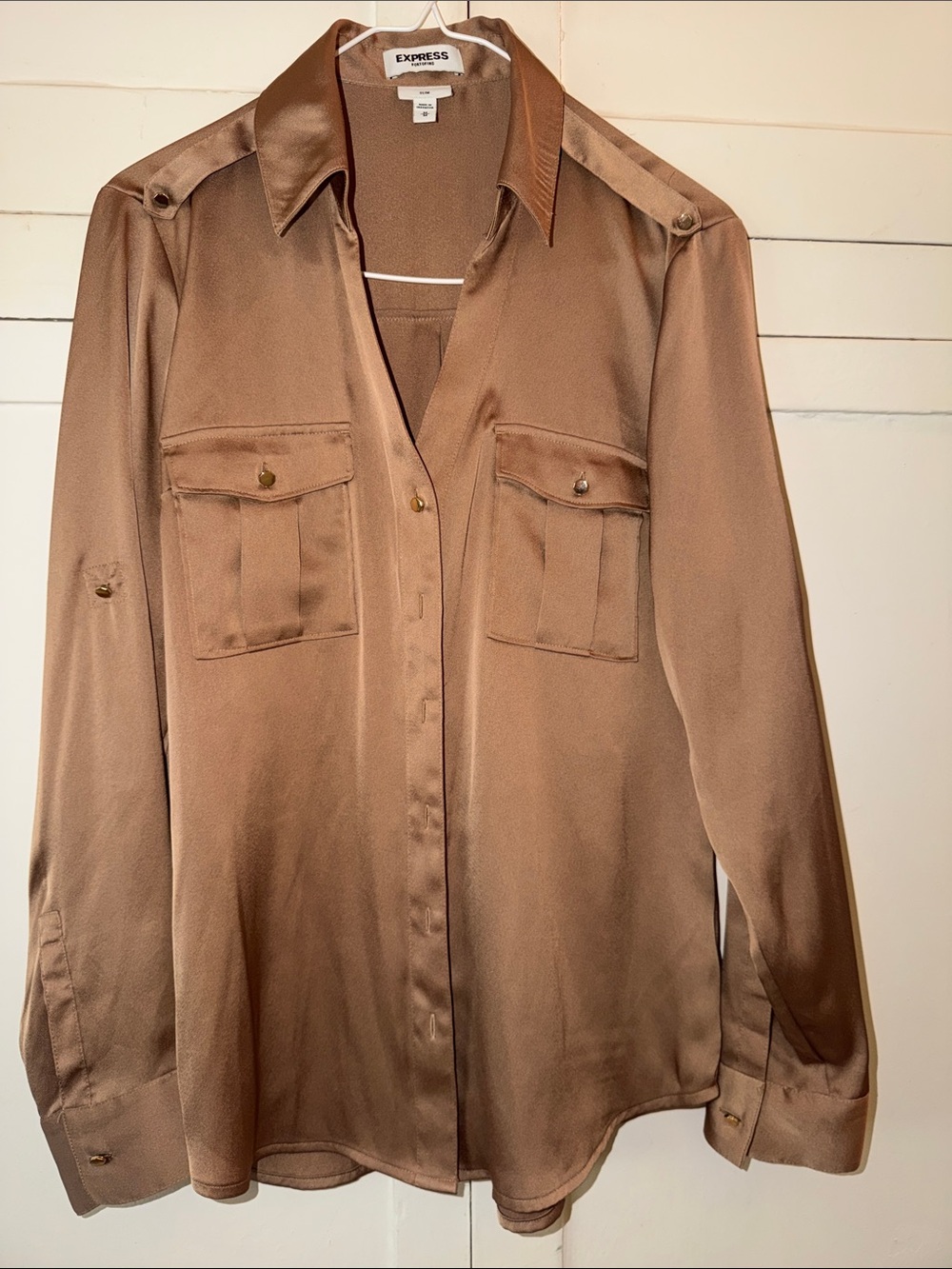 FALL is here Express woman’s Brown Satin Utility Button-Down Shirt